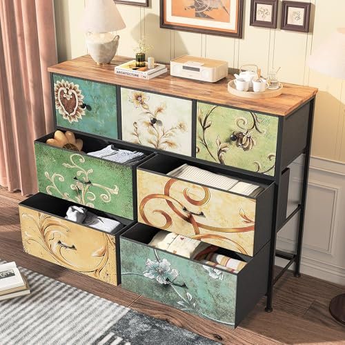 BRILVERDE Cómoda con 7 cajones, aparador bohemio con tablero de madera y estructura de metal, mueble de TV con cajones de tela, cómoda para salón, dormitorio, pasillo