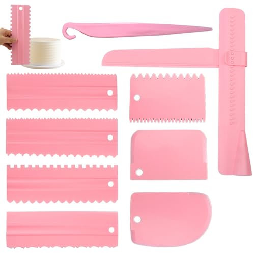 YWKJDDM Kuchen Schaber, 9 Stück Cake Scraper Set, Tortenschaber Set DIY Tortenspachtel Glätter Fondant Tortenglätter Verstellbar Kuchenschaber für Buttercreme Backwerkzeuge(Rosa)