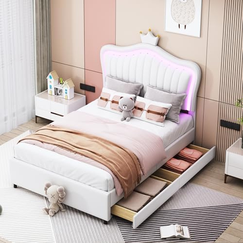 Moimhear Kinderbett Polsterbett 90 x 200 cm, Rosa Krone Mädchen Einzelbettgestell PU-Leder mit Aufbewahrungsschubladen, LED-Leuchten, Lattenrost und Rückenlehne (Weiß)