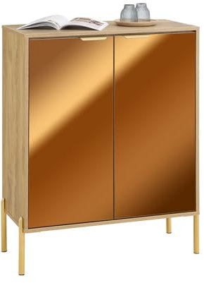 SoBuy Modernes Sideboard mit verspiegelten Glastüren und goldenen Buffet Metallbeinen Flurmöbel mit 5 Fächern und Regalen für Flur und Wohnzimmer Gold BHT ca. 83x100x38cm FSB96-G