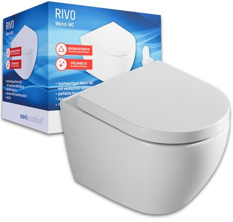 sanicomfort Hänge WC Rivo – Spülrandloses Wand-WC Set mit Softclose Absenkautomatik, Tiefspüler, Duroplast WC-Sitz, verdeckte Befestigung, hygienisch & pflegeleicht, platzsparend