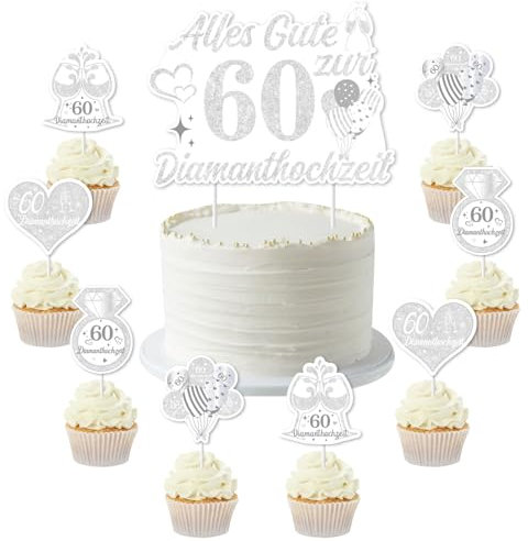 Jollyboom Diamant Hochzeit Deko, Diamant Hochzeit Tortendeko Alles Gute Zum 60 Hochzeitstag Torten Deko Tortenaufsatz Cupcake Topper Silber für 60 Jahre Diamantenehochzeit Jubiläum Geburtstag Deko