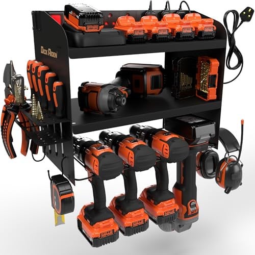 Toolganize Power Tool Organiser, Storage Rack with Power Strip Charging Station, Heavy-Duty for Workshop & Garage Tools -4 Slot, Black.