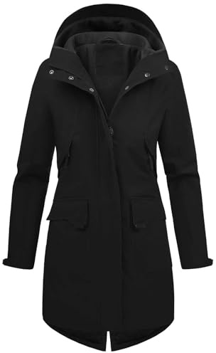 Vancavoo Übergangsjacke Damen Wintermantel Lang Leichte Jacke mit Kapuze Softshellmantel Übergang Mantel Parka Übergangsmantel für Frühling Herbst,Schwarz,XXL