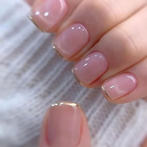 Muorruo 24 Stück Nude Pink Press on Nails Kurze quadratische künstliche Nägel mit French Tip Acrylkleber auf dem Nagel Glänzend Vollabdeckung Künstlicher Stick on Nail für DIY Maniküre