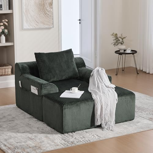 A ALFRESCOOL Boneless Couch, Cloud Couch mit Pedalen Modernes Cord Bodensofa, Lesesessel aus Kordsamt mit Seitentaschen und Kissen, Gepolsterter Sessel, Keine Montage erforderlich Geei（Grün）