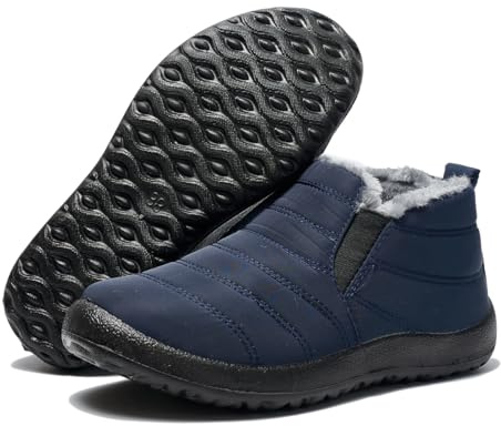 FUJEAK Winter Snow Boots for Mens Fur Lined Warm Ankle Slip On Anti-Slip Casual Boots Waterproof Outdoor Boots Lightweight Comfortable Shoes Blue UK Size 9