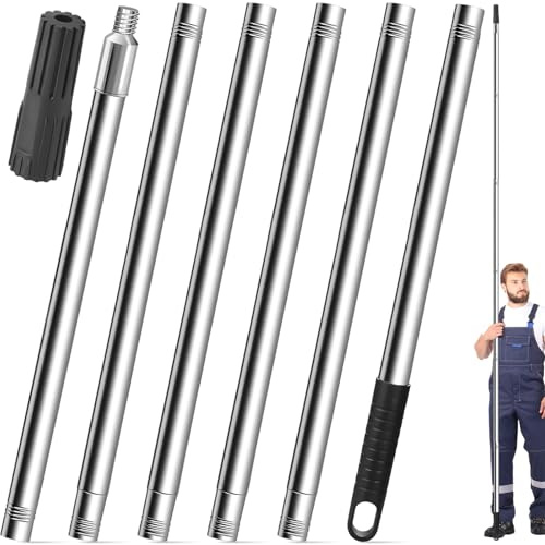 2.2M Kit Manche Telescopique avec Poignée PP, Perche Nettoyage Toiture Acier Inoxydable, Brosse Nettoyer Gouttière Extension, Canne Extensible Vitres 6 Segments pour Rouleau Peinture