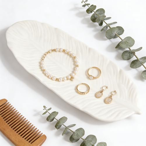 wocpvm Schmucktablett Keramik Feder-Design Weiße Schmuckschale Klein für Armbänder,Ringe & Kleinartikel,Dekorative Ablage für Duschbad,Kommode & Wohnzimmer 21,5x8,3x1,7cm