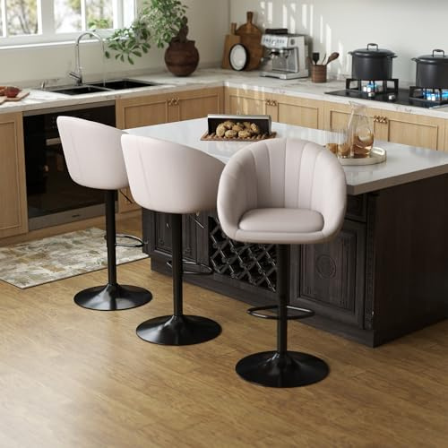 Youhauchair Tabouret Bar Lot de 3, Tissu en Lin Respirant, Beige | Dossier ergonomique, Réglable en Hauteur, Tabouret de Bar Pivotant, Facilement assemblés en 10 minutes, 150 kg