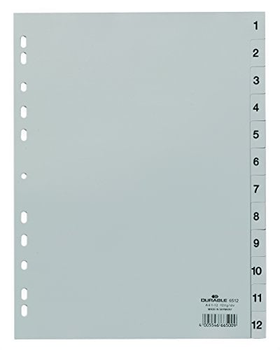 Durable Zahlenregister (A4, geprägte Taben 1-12, PP volldeckend) 25 Stück, grau, 651210