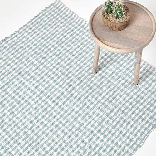 Homescapes Karo-Teppich blau, Flachweb-Teppich 60x90 cm, Baumwoll Landhaus-Karo, Handwebteppich