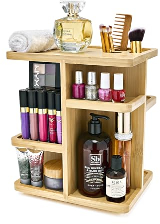 Sorbus Organiseur de maquillage rotatif à 360° en bois de bambou pour cosmétiques, soins de la peau, organisateur de maquillage pour coiffeuse, rangement de salle de bain