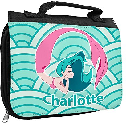 Kulturbeutel mit Namen Charlotte und Meerjungfrau-Motiv türkis für Mädchen | Kulturtasche mit Vornamen | Waschtasche für Kinder