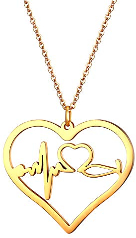 JewelryWe Schmuck Edelstahl Herzschlag Pulse Rhythmus EKG Herzfrequenz Hohl Herz Anhänger mit 45cm Kette, Krankenschwester Arzt Medizinische Stethoskop Charme Halskette für Damen Frau, Gold
