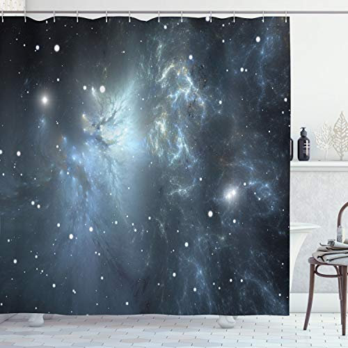ABAKUHAUS Konstellation Duschvorhang, Infinite Space, Stoffliches Gewebe Badezimmerdekorationsset mit Haken, 175 x 200 cm, Blassblau Schwarz Weiß