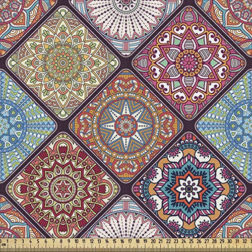 ABAKUHAUS Mandala Gewebe als Meterware, Buntes Mosaik mit Blumen, Dicht Gewebter Stoff zum Nähen Polster Wohnaccessoires, 3M (148x300cm),Blasser Redwood