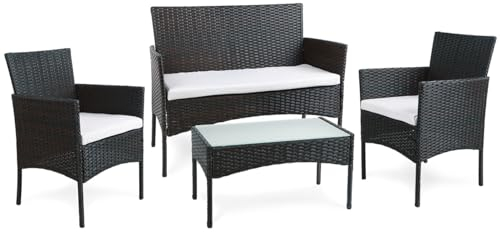 Tulum - Gartenmöbel 4-Sitzer - 1 Sofa, 2 Sessel, 1 Couchtisch - Wasserabweisende und Abziehbare Kissen mit Reißverschluss - Schwarz/Beige