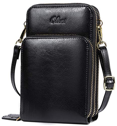 CLUCI Handy Umhängetasche Damen Klein Crossbody Clutch Leder Handytasche mit Geldbörse Damen Schultertasche mit Kartenfächer Ölwachs Schwarz