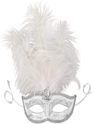 dressforfun 900887 Venezianische Maske mit Federn, Halbmaske für Damen, Augenmaske mit Zierborte für Maskenball Party Kostüm Fasching Karneval Halloween - diverse Farben - (silber | Nr. 303545)