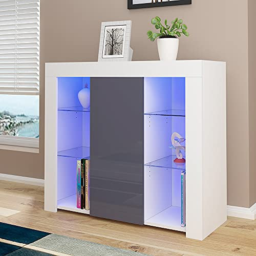 Panana Sideboard Cupboard Unit 4 Glass Shelves Cabinet RGB LED Lighted (Gray)