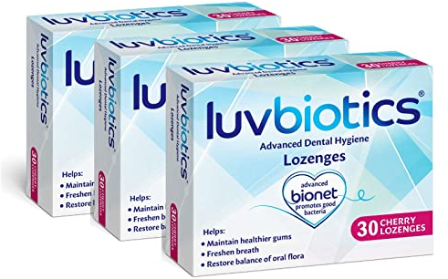 Luv Biotics Pastiglie di ciliegie senza zucchero con probiotici dentali, xilitolo e aloe vera, combatte l'alitosi, la bocca secca e supporta la salute delle gengive, 3 x 30 pastiglie
