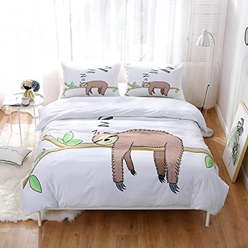 HLWDXno1 Faultier Bettwäsche 155 x 220 Weiß Kinder Cartoon Bettbezug mit Kissenbezug 80 x 80 Microfaser Kinderbettwäsche Jungen mit Reißverschlus für Mädchen Jugendliche