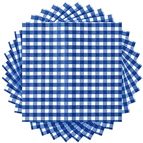 Tatuo 100 Blatt Gingham Papier Servietten mit 3 Schichten Einweg Klassische Karierte Papier Servietten 33 x 33 cm für Picknick Neujahr Weihnachten Geburtstag(Blau und Weiß)