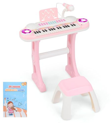 COSTWAY Piano Numérique à 37 Touches Enfants avec Tabouret & Microphone Réglable, Clavier Electronique avec Pupitre & Lumière, Enregistrement et Lecture, Charge 100kg pour Enfants de 18 Mois+