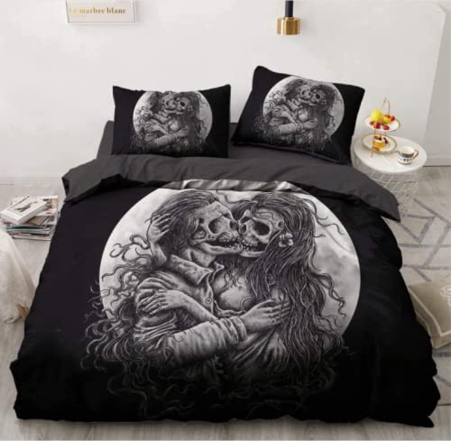 AMCYT Bettwäsche Set Totenkopf Bettbezug Set 135x200cm Blumenmuster und Totenkopf, Mikrofaser 3 Teilig Bettbezüge mit Reißverschluss (Totenkopf Bettbezug-Set 3, 135x200cm/80x80cm)