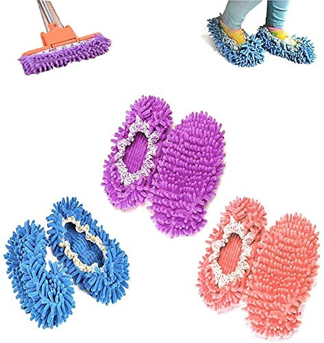 3 Paires Chaussons de Nettoyage Multifonction Poussière Mop Chaussures pour Nettoyage pour La Maison, 3 Couleurs