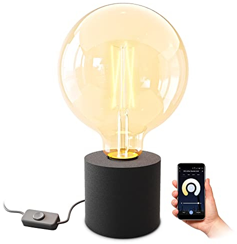 SSC-LUXon NAMBI Tischlampe Vintage schwarz inkl. Smart WiFi E27 LED Globe Birne - Tischleuchte mit Kabel und Schalter Steuerung per App & Sprache