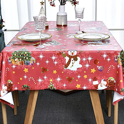 Plenmor Christmas Table Cloth Wipe Clean Christmas Tablecloth Xmas Red PVC Plastic Wipeable Waterproof Rectangular Table Cover Decoration for Festive New Year Kitchen Picnic (137 x 185 cm)