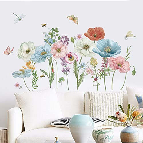 wondever Wandtattoo Mohnblumen Wandaufkleber Garten Blumen Schmetterling Wandsticker Wanddeko für Wohnzimmer Schlafzimmer Sofa Hintergrund