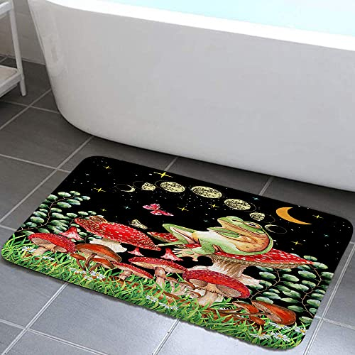 Moon Phas Pilz-Badteppiche für Badezimmer, Frosch, Schmetterling, vertikale Mondsterne, Blattgrün, Pflanze, floral, botanisch, rutschfest, Flanell, Badezimmerteppich, wasserabsorbierend, 43.2x73 cm