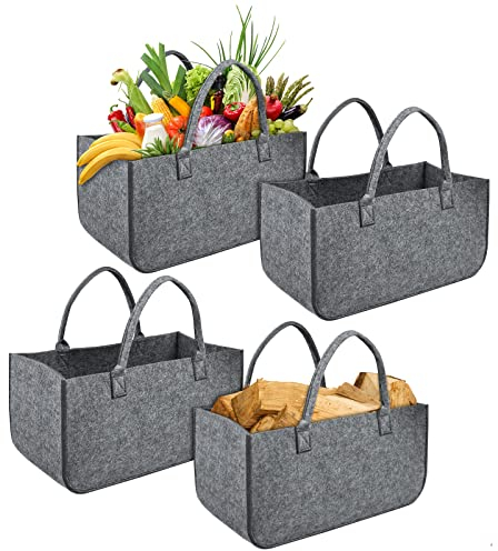 TRMLBE Kaminholzkorb Filz Holzkorb für Kaminholz mit Tragegriffen Faltbar Filztaschen Shopper Kaminholztasche für Holz und Zeitungen, Einkaufstasche 50 x 25 x 25 cm - 4 Stück Hellgrau