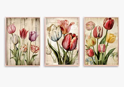 gfc Set mit 3 Tulpen Blumen Druck Bild Poster A4 ungerahmt Einmachglas Rosa Lila Gelb Shabby Chic Country Vase Wandkunst Heimdekoration Dekoration