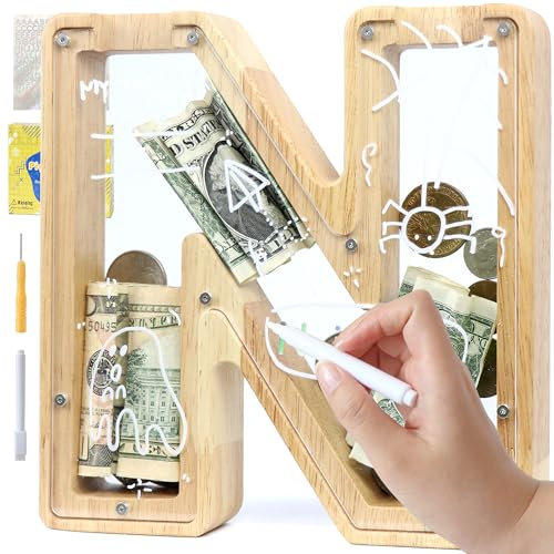 LEcylankEr Spardose Kinder, Spardose Holz Buchstabe, Spardose Personalisiert, Kreative Sparschwein für Geburtstag Geschenk/Heimdekoration/Keepsake (N)