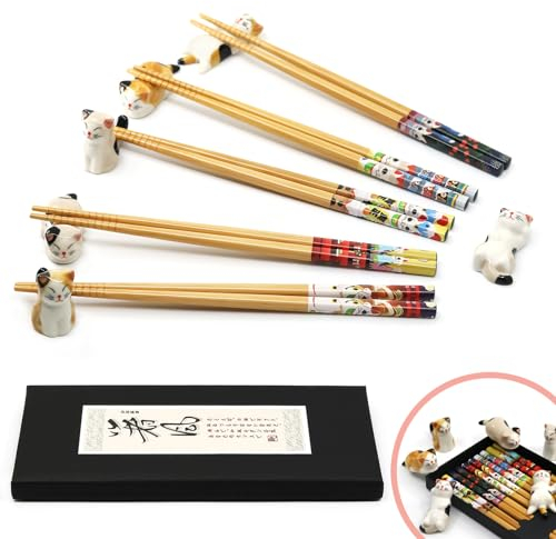 5 Pairs Chopsticks and Rest Set, 6 Cute Lucky Cat Holders, Classic Japanese Style Natural Bamboo Reusable Chopsticks, Dishwasher-Safe Gift Set