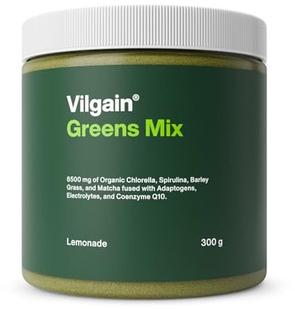 Vilgain Greens Mix | Superfood 13 Wirkstoffen, Toxin Detox, Immunitätsunterstützung & Verdauungsunterstützung | Energie und Entgiftung | Matcha, Co Q10 | Reich an Elektrolyten, Adaptogenen | 300g