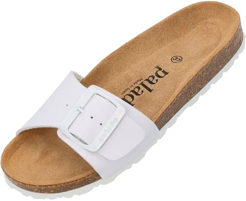 Palado Pantoletten Damen Malta EGS Matt – bequeme Sandalen Made in Spain - Hausschuhe mit dämpfendem Kork-Fußbett - modische Sommerschuhe Weiß/Weiß UK9 - EU42