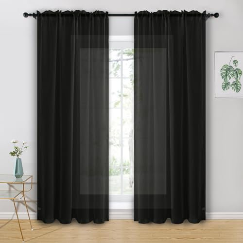 Hiasan Voile Curtain Net Curtains for Window Black Sheer Curtains for Living Room Curtains for Bedroom With Tiebacks 55 X 90 Inch 2 Panels Rod Pocket Top