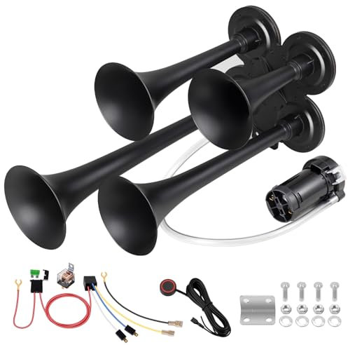 BANHAO Klaxon à air de camion 180 dB 4 klaxons trompettes train kit klaxon 12 V super fort avec compresseur adapté pour pickup/camping-car/SUV/camion/train (4 trompettes noir avec compresseur d'air 12