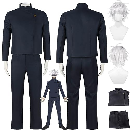 bbganlian Anime Gojo Satoru Cosplay Kostüm Outfit Jujutsu Kaisen Staffel 2 Uniform Top Hosen Komplettes Set Halloween Karneval Party Dress Up Anzug mit Perücke für Männer Jungen (S)