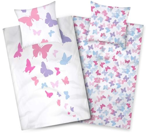 Aminata kids Bettwäsche Schmetterling 135x200 Mädchen Baumwolle Schmetterlinge bunt weiß | YKK Reißverschluss | Tier-Motiv Butterfly - Wende-Bettwäsche-Set weiß lila
