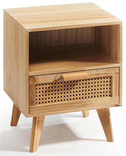 Kobolo Nachttisch Holz braun | 40x35x50 cm | Kleiner Nachtschrank mit Schublade & Fach | Kommode im Boho Vintage Look | Beistelltisch fürs Schlafzimmer Wohnzimmer Flur Wiener Geflecht