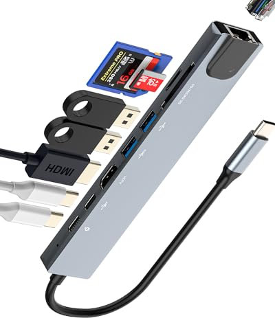Hub USB C(8 In 1)Adattatore HDMI 4k Per IPhone 15 Lan Ethernet SD TF Micro SD Schede Lettore USB OTG 3.0 Multiporta Docking Station MacBook Accessori iPad Tablet Type C Alimentato SDoppiatore tp-8in1