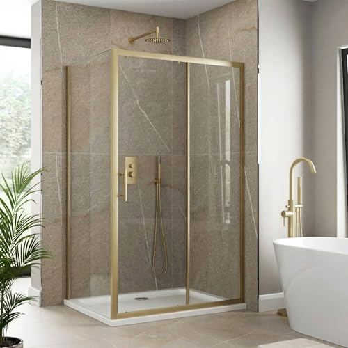 Luxura® 1400 x 700mm Sliding Shower Enclosure Door Screen for Wet Room Cubicle Enclosures, 6mm Toughened Safety Glass, Framed, Reversible, Brushed Brass