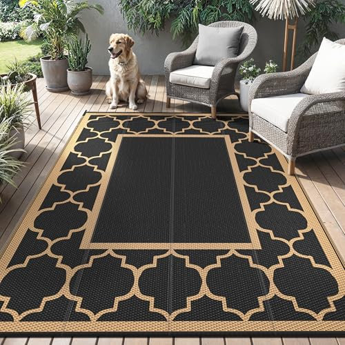 GENIMO Tappeto da Esterno,Tappeto Per Esterno Impermeabili Eeversibili Lavabili, Antipioggia per Terrazze,Giardini,Camper,Picnic,Balcone,Nero & Marrone,150x240cm