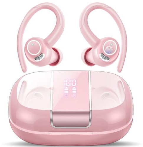 Csasan Cuffie Bluetoth Sport, Auricolari Bluetooth 5.3 con ENC Cancellazione Rumore HD Mic, 48 Ore Cuffie Wireless Bassi Profondi con Display LED, Cuffie Senza Fili IPX7 Impermeabile per Sport, Rosso